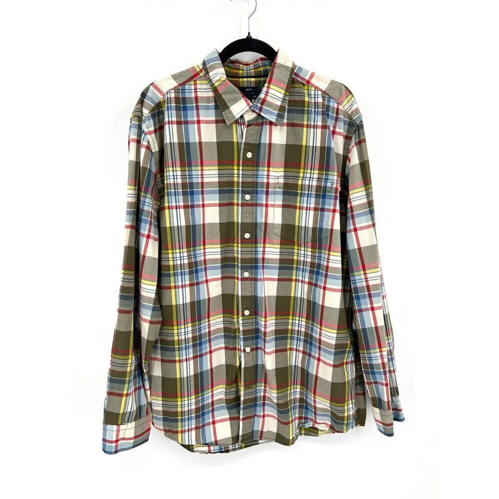 GAP Men's Green Red White Plaid Slim Fit Button Up Long Sleeve Dress Shirt XL